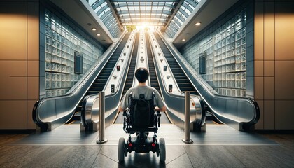 Raising awareness for architectural barriers - man in wheelchair stopped at staircase, disability and accessibility issues - obrazy, fototapety, plakaty