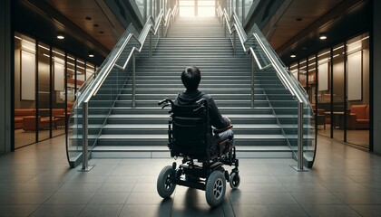 Wheelchair user facing staircase - highlighting architectural barriers, disability awareness, accessibility issues