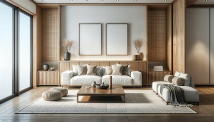 White sofa and square coffee table in modern living room - Japanese home design, rustic cabinets, blank poster frames with copy space, white wall