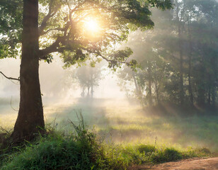 nature of the misty morning with the sunlight through trees