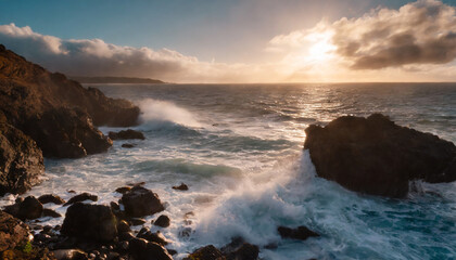 ocean breaks on shore with the rocks and sunset light
