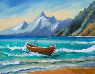 ocean breaks on shore, oil painting, boat, blue water, mountains