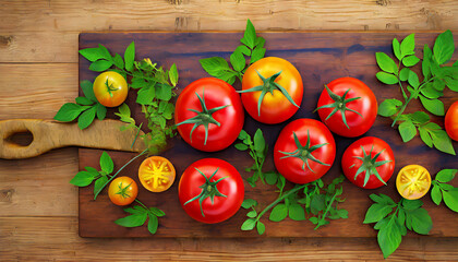 Organic Red Vine Ripened Tomatoes over wooden board; flat lay