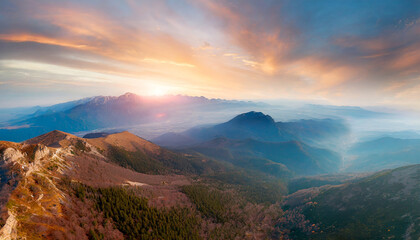 panorama of the mountains at sunset; aerial view from above