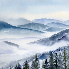 panorama of the mountains covered with fog in winter, watercolor