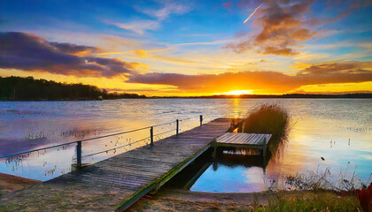 sunset over the beach with a dock by a lake