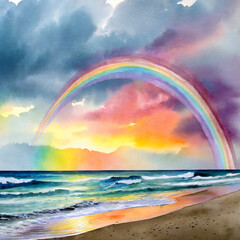 sunset over the beach with a rainbow in dramatic sky