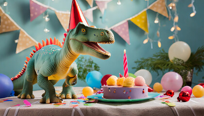 Toy dinosaur celebrating at a birthday party