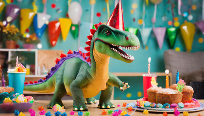 Toy dinosaur celebrating at a birthday party