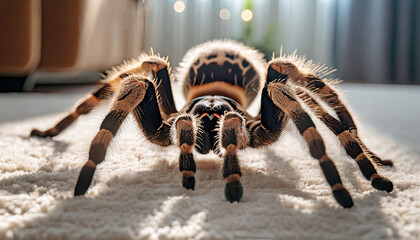 Tarantula spider close-up on the floor in the house. Tarantula spider as a pet. - obrazy, fototapety, plakaty