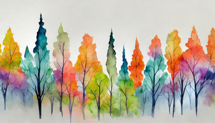 watercolor white gray background autumn trees panoramic long narrow view landscape illustration...