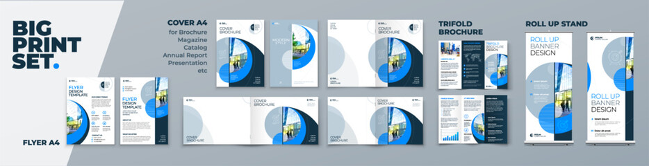 Business Brochure Cover Flyer Tri Fold Annual Report Catalog Roll Up Banner Corporate Identity Print Template Set with Blue Branding design Business Stationery background design collection. Vector