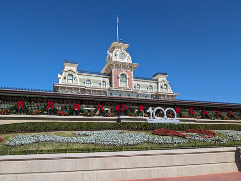 Main Street station at the Magic Kingdom with Christmas decorations