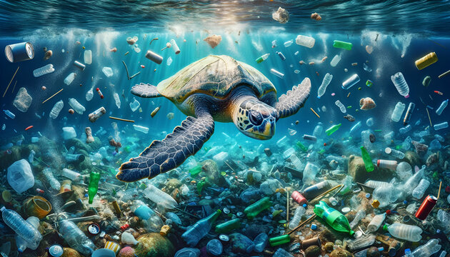 A leather back turtle swims through a ocean of human pollution filled with plastic bottles and other rubbish.