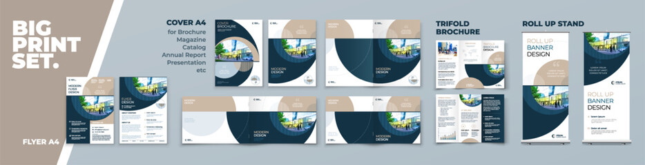 Business Brochure Cover Flyer Tri Fold Annual Report Catalog Roll Up Banner Corporate Identity Print Template Set with Beige Branding design Business Stationery background design collection. Vector