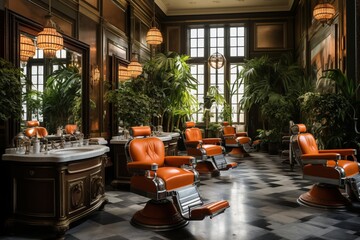 Captivating Vintage Barber Shop. Exquisite Barber Chairs, Reflective Mirrors, Green Plants, and Nostalgic Interior - obrazy, fototapety, plakaty