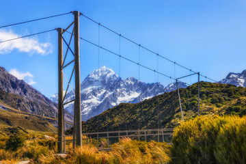 NZ Mt Cook Footbridge poles cables side