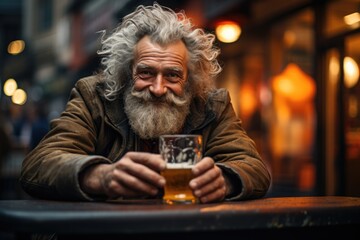 Urban relaxation: A gentleman enjoys a beer on a city street, capturing the essence of city life