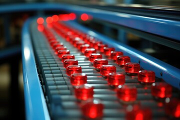 Obraz premium Pharmaceutical Production Line: An impactful photo captures an industrial conveyor belt, showcasing the preparation of vaccines in a state-of-the-art facility