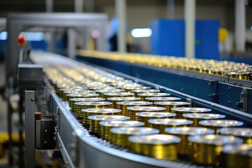 A photo showcases the efficiency of a canning factory, emphasizing the role of an industrial conveyor in streamlining the preparation of canned food products