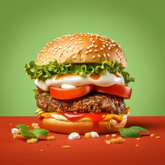 A burger with bun made of tomatoes, creamy topping, against a green background.
