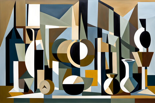 cubist style abstract painting of a still life with objects in geometric shapes and subdued colors