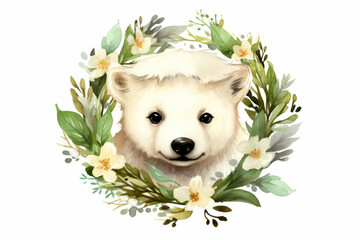 charming polar bear in a snowy landscape, with whimsical details and natural elements