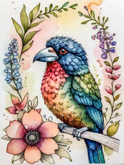 alcohol ink on textured paper, soft textures, gentle ink lines, washed ink, nuanced colors, vignette, cute animal surrounded by beautiful flowers, whimsical style