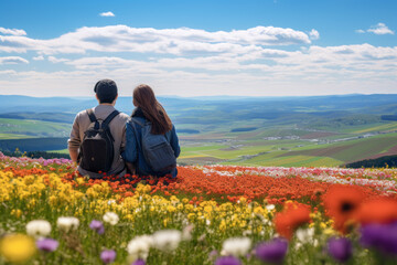 Fototapeta na wymiar A couple sitting on a hill with blooming flowers and looking at the majestic and beautiful scenery. happy heaven. Partner and happiness embrace. Concept for love and valentine with hearts.