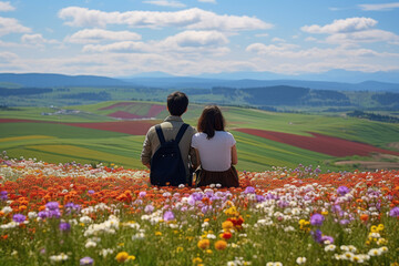 Naklejka premium A couple sitting on a hill with blooming flowers and looking at the majestic and beautiful scenery. happy heaven. Partner and happiness embrace. Concept for love and valentine with hearts.