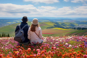 A couple sitting on a hill with blooming flowers and looking at the majestic and beautiful scenery. happy heaven. Partner and happiness embrace. Concept for love and valentine with hearts.