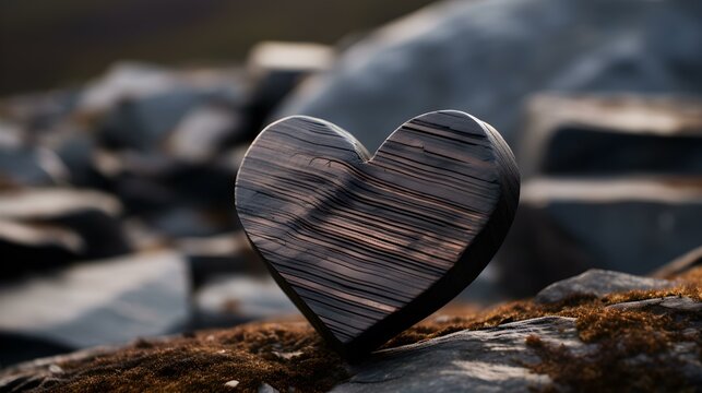 Close up of a anthracite wooden Heart in the Mountains. Blurred natural Background
