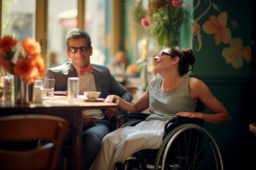 Un vieux couple heureux partage une blague à la table du café