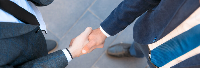 Handshake of two young businessmen - obrazy, fototapety, plakaty