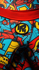 Close-up of sports fabric with intricate graffiti detailing, emphasizing a blend of sport functionality and street art vibrancy.