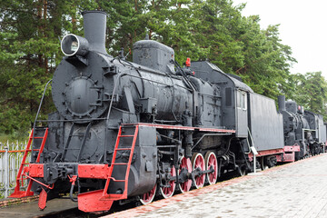 Parking vintage steam locomotives.Antique steam locomotive