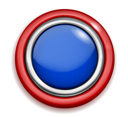 Realistic big plastic button with shiny metallic and colored borders. In the national colors of the American flag. With shadow on white background