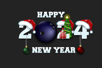 Happy New Year 2024 and bowling ball - obrazy, fototapety, plakaty