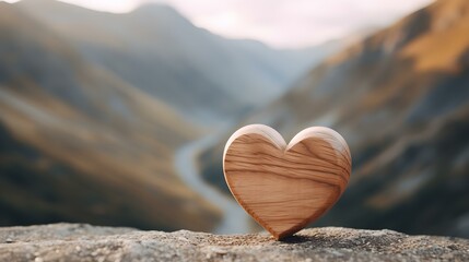 Fototapeta premium Close up of a light brown wooden Heart in the Mountains. Blurred natural Background