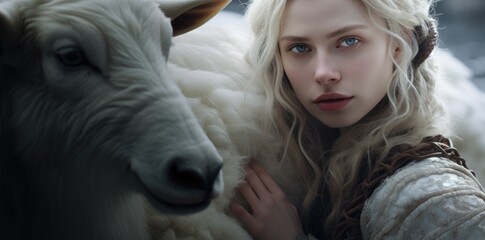 A beautiful blonde woman with blue eyes and long hair is holding a sheep. Generative AI.