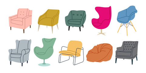 Set of home chairs in different colors and shapes. Trendy flat cartoon style. Upholstered furniture for comfort and decoration. - obrazy, fototapety, plakaty