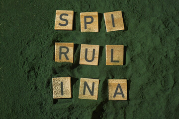 Wooden blocks with text SPIRULINA chlorella on background of algae superfood powder. Healthy benefits supplement and vegan antioxidant healthy eating concept 