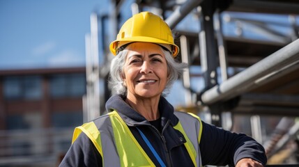 A woman wearing a hard hat and safety vest
