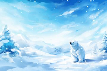 charming polar bear in a snowy landscape, with whimsical details and natural elements