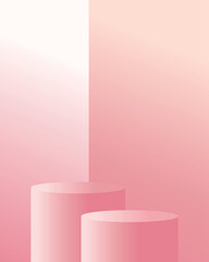 3d pink podium in pink studio room. Realistic vector 3d cylinder podium pedestal, two stages with vertical shape background, eps 10.