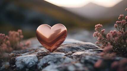 Fototapeta premium Close up of a rose gold wooden Heart in the Mountains. Blurred natural Background