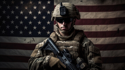 Army soldier in Combat Uniforms with assault rifle, plate carrier and combat helmet with an American flag on the background - Powered by Adobe