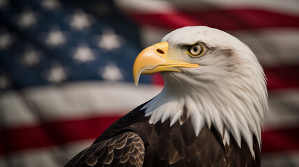North American Bald Eagle with an American flag on the background