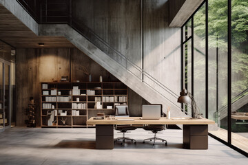 Urban Elegance: Cinematic Industrial Atmosphere in Modern Office with Concrete and Wood Accents
