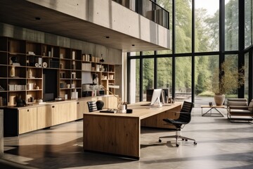 Urban Elegance: Cinematic Industrial Atmosphere in Modern Office with Concrete and Wood Accents